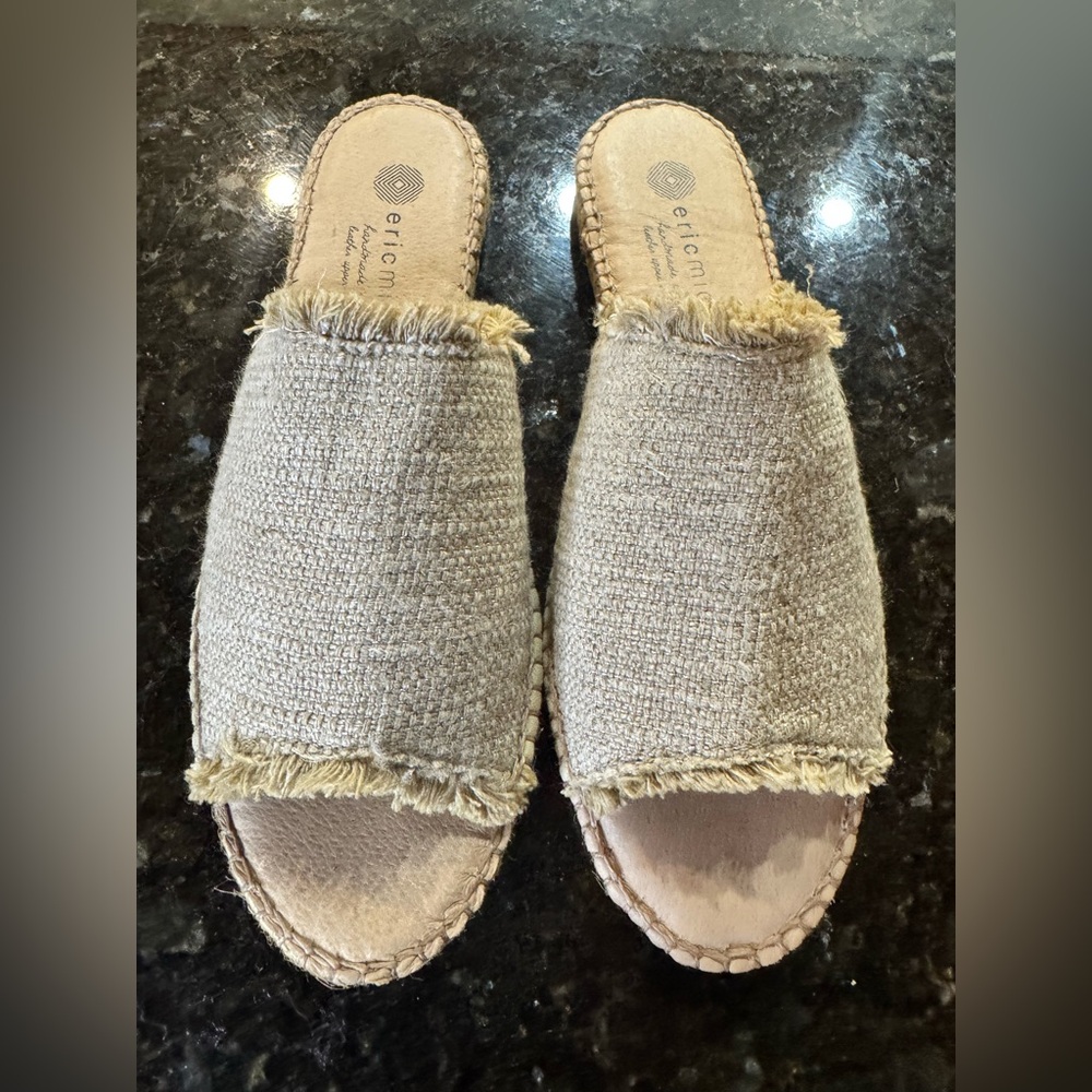 Eric Michael Spain Slide Sandals Size 37 Beige Linen Leather Espadrille Comfort